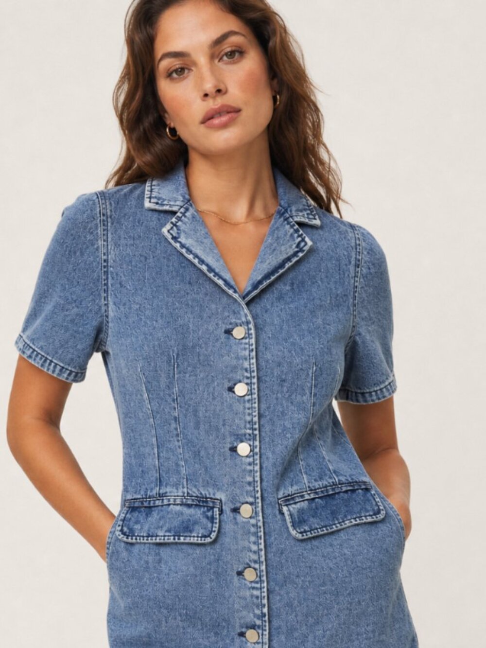 light wash denim button-down mini dress